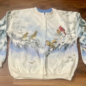VTG 90’s Artisans All Over Graphic Winter Bird Cardigan Sweatshirt Med USA